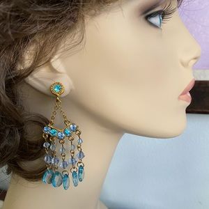Earrings Chandelier Blue and Gold Tone